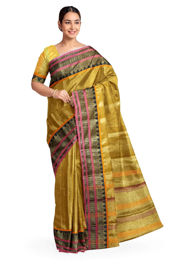 Soft tissue cotton saree in gold with temple border