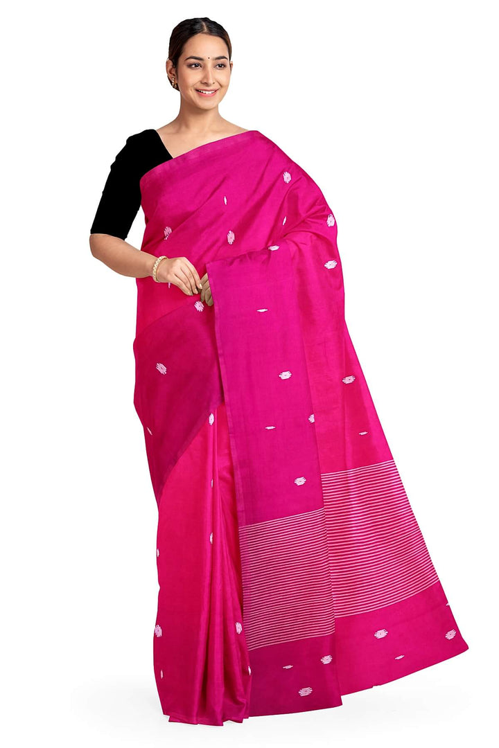 Handwoven Bengal mul cotton saree in pink with jamdani weave