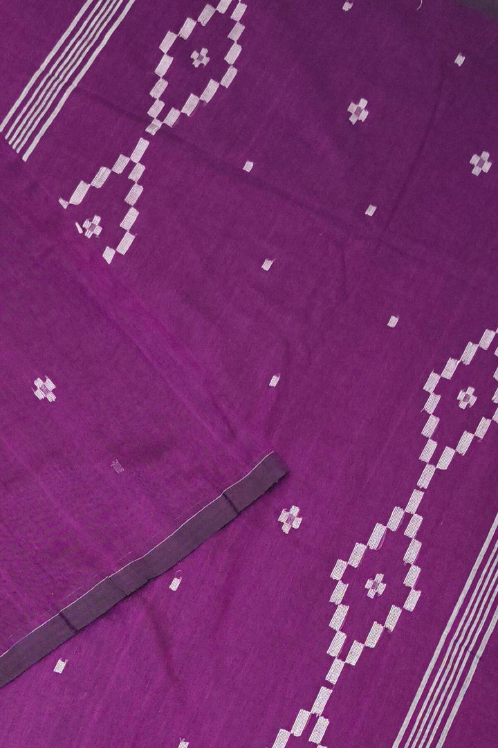 Handwoven Bengal mul cotton saree in  purple with jamdani weave