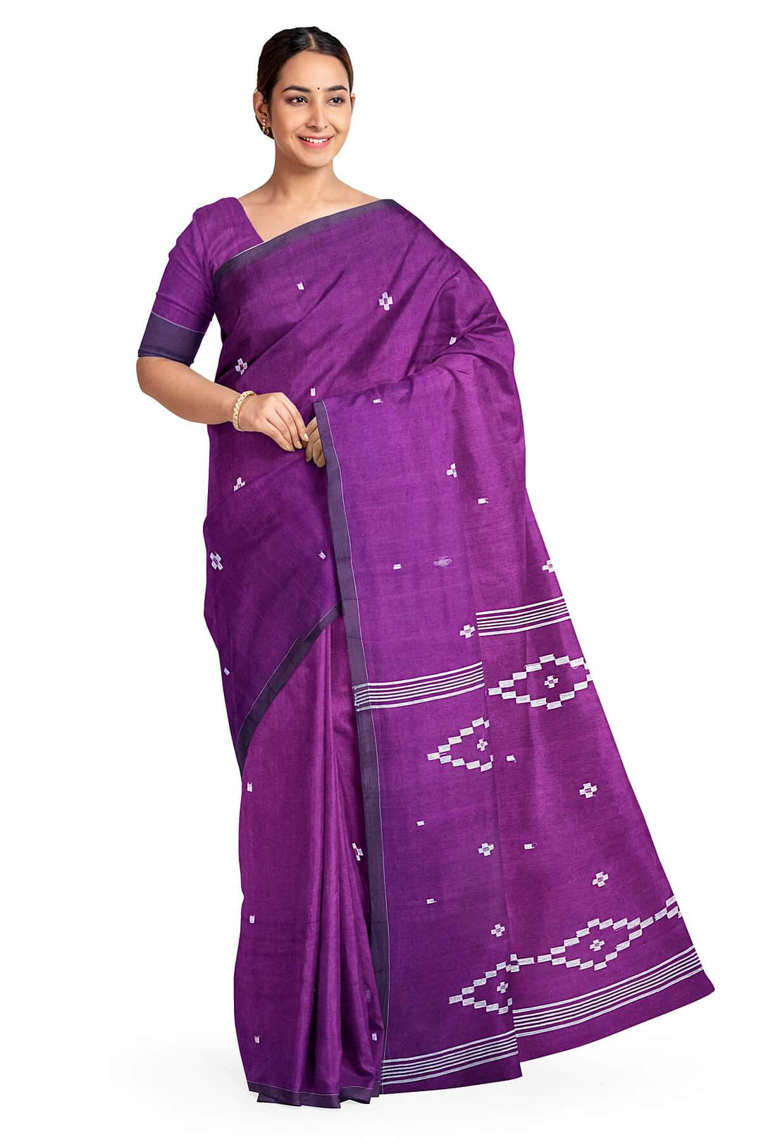 Handwoven Bengal mul cotton saree in  purple with jamdani weave
