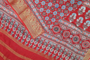 Dola silk saree in hand block ajrakh print  in  red with diamond motifs