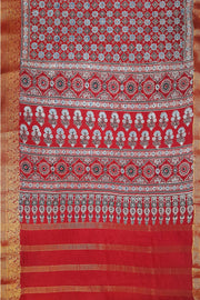 Dola silk saree in hand block ajrakh print  in  red with diamond motifs