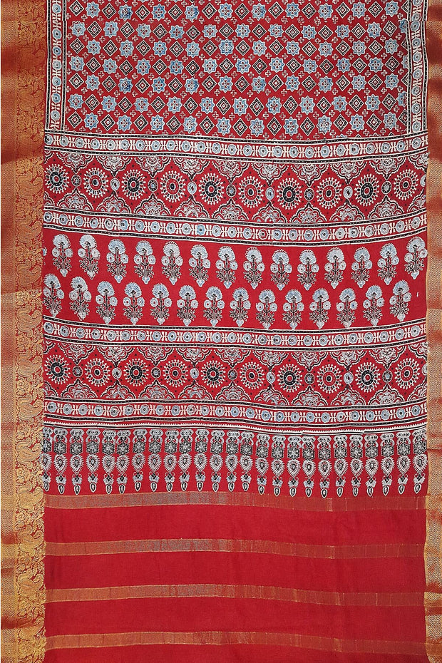 Dola silk saree in hand block ajrakh print  in  red with diamond motifs