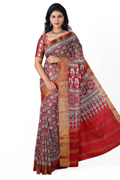 Dola silk saree in hand block ajrakh print  in  red with diamond motifs