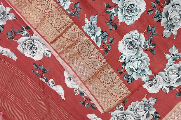 Dola silk saree in floral print in rust colour