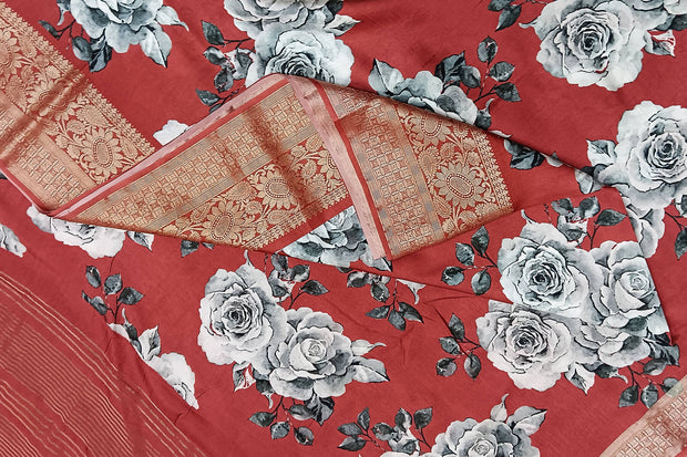 Dola silk saree in floral print in rust colour