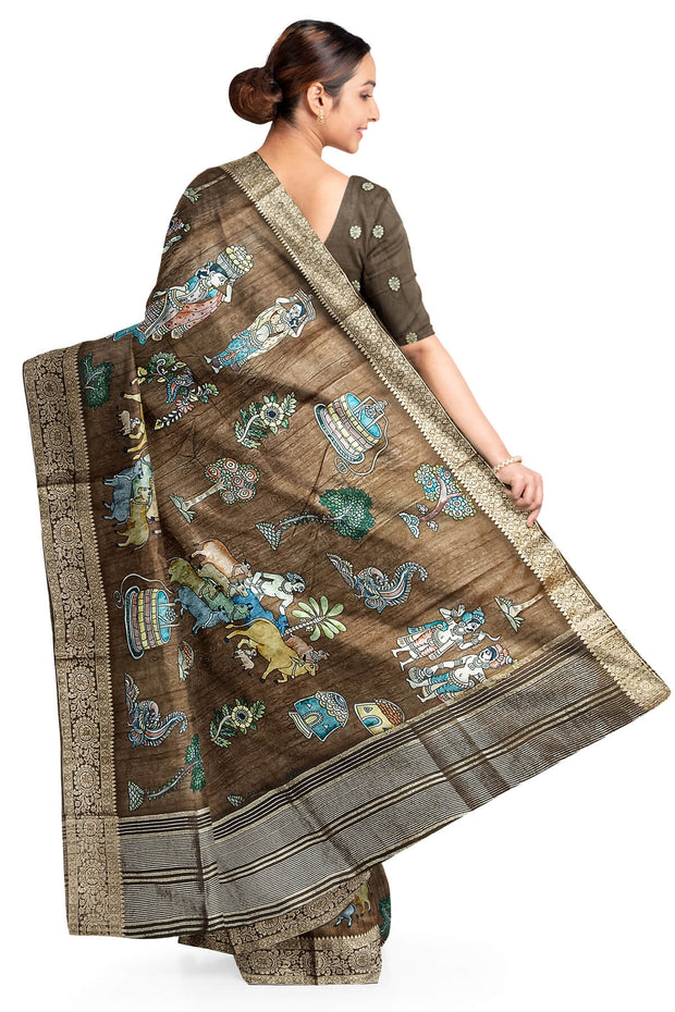 Dola silk saree in village theme in oak brown