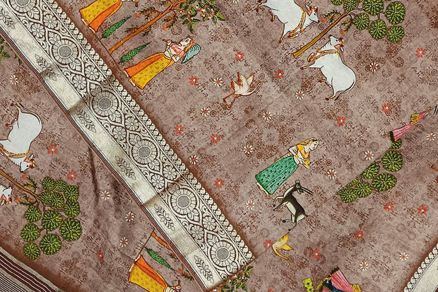 Dola silk saree in pichwai design in chickoo colour