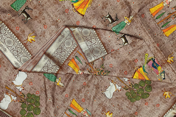 Dola silk saree in pichwai design in chickoo colour