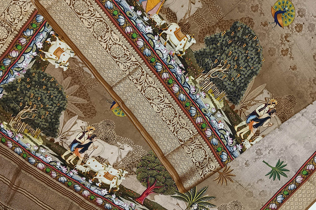 Dola silk saree in pichwai design in sepia