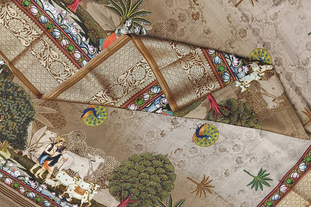 Dola silk saree in pichwai design in sepia