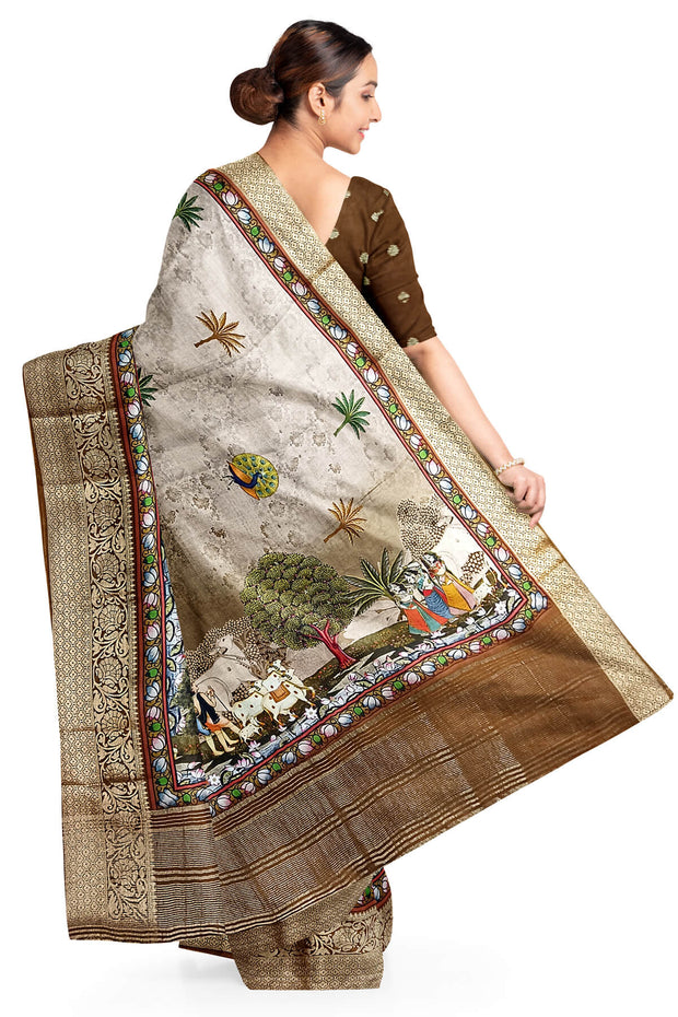 Dola silk saree in pichwai design in sepia