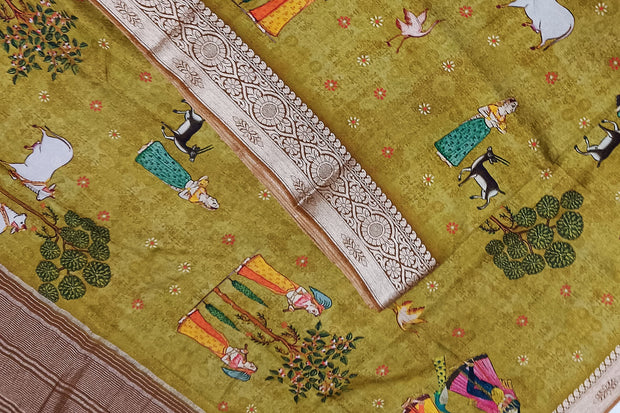Dola silk saree in pichwai design in green gram colour