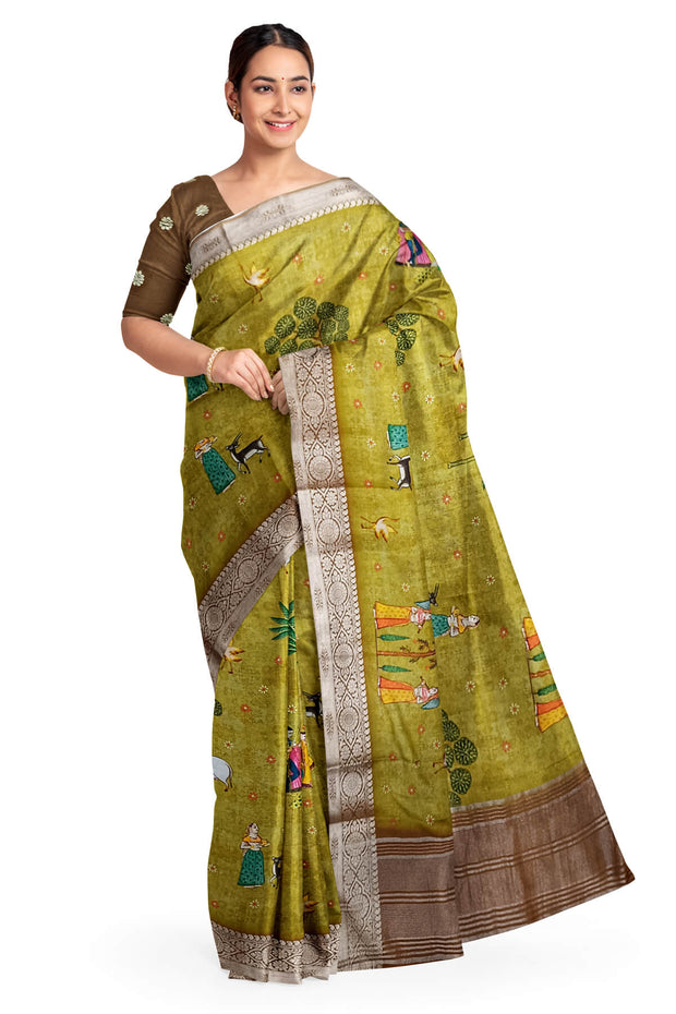 Dola silk saree in pichwai design in green gram colour