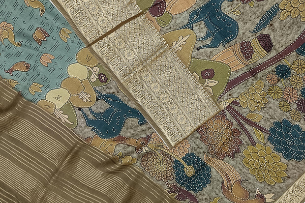 Dola silk saree in forest pattern in greenish grey