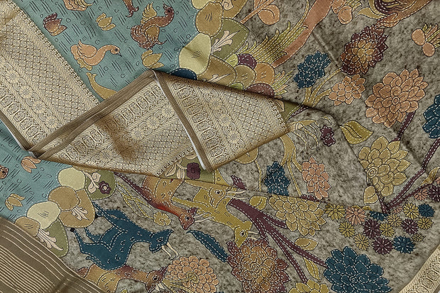 Dola silk saree in forest pattern in greenish grey