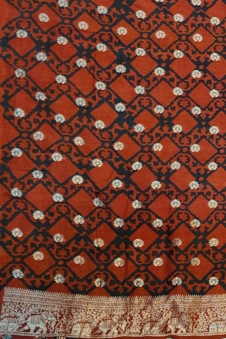 Dola silk saree in red with hand block Ajrakh print