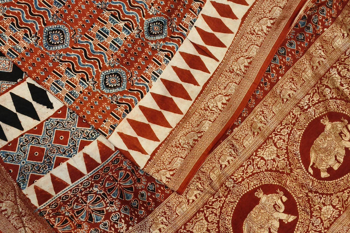 Dola silk saree in red with hand block Ajrakh print