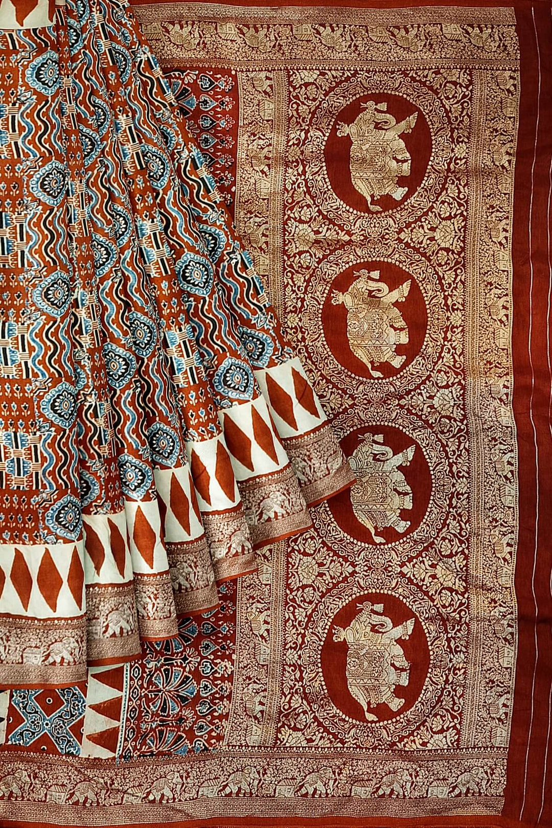 Dola silk saree in red with hand block Ajrakh print
