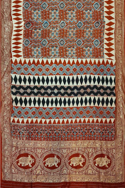 Dola silk saree in red with hand block Ajrakh print