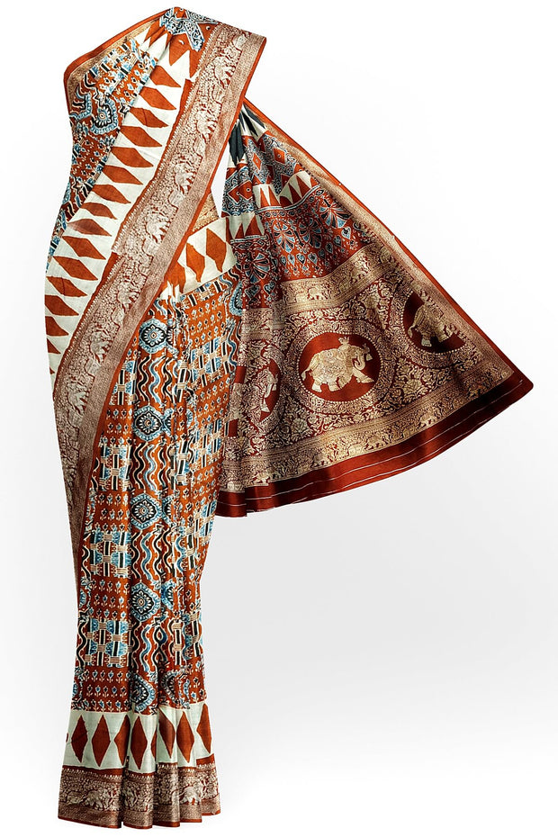 Dola silk saree in red with hand block Ajrakh print