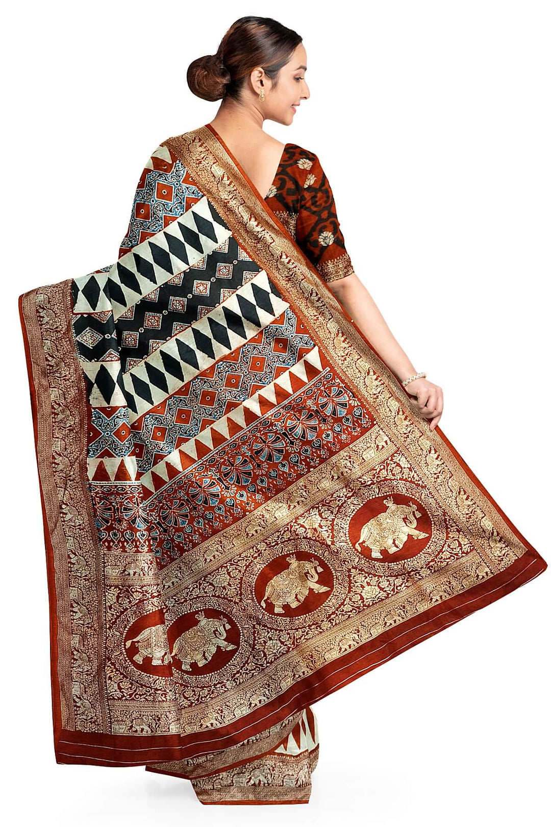 Dola silk saree in red with hand block Ajrakh print