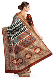 Dola silk saree in red with hand block Ajrakh print
