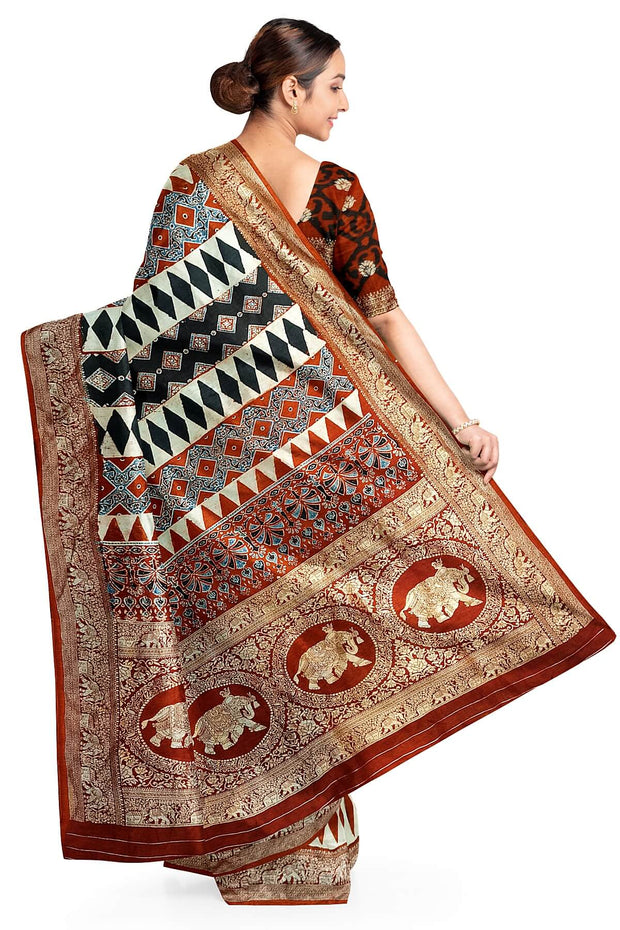 Dola silk saree in red with hand block Ajrakh print