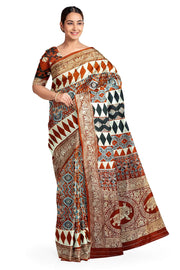 Dola silk saree in red with hand block Ajrakh print