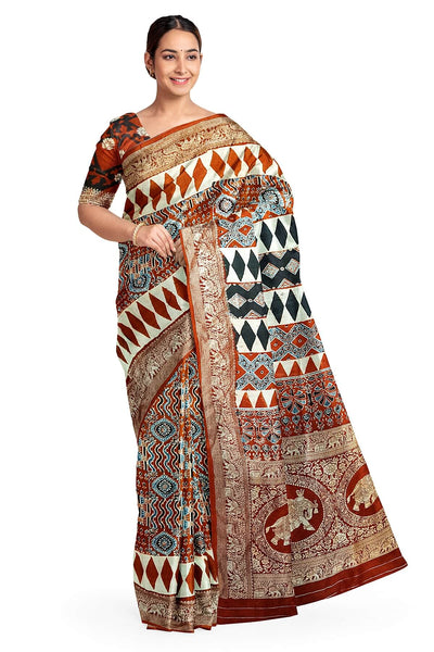 Dola silk saree in red with hand block Ajrakh print