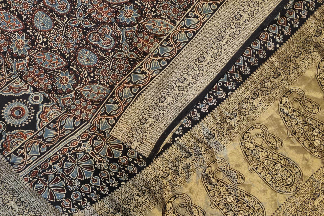 Dola silk saree in blue with hand block Ajrakh print