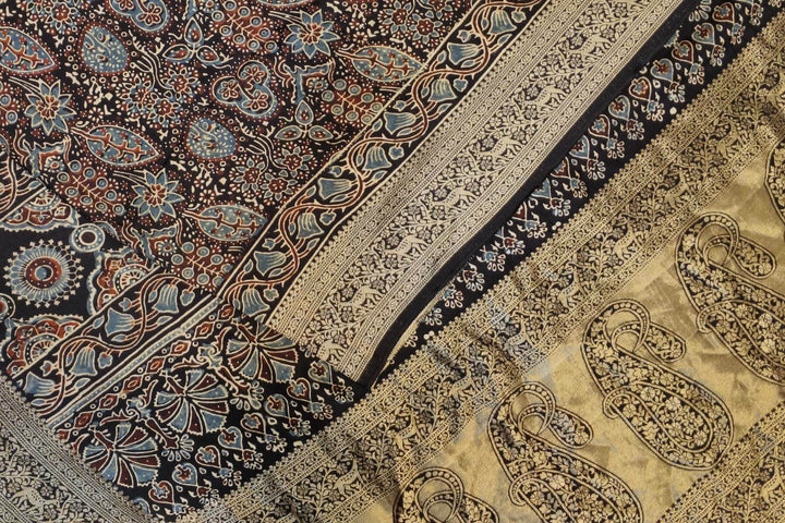 Dola silk saree in blue with hand block Ajrakh print