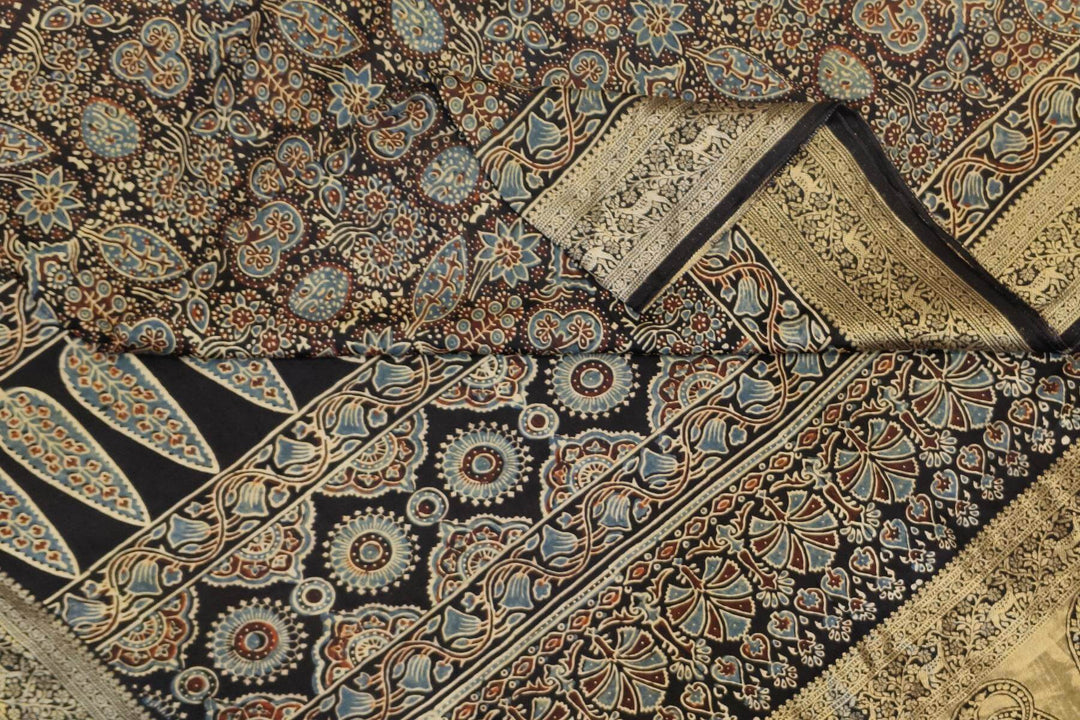 Dola silk saree in blue with hand block Ajrakh print
