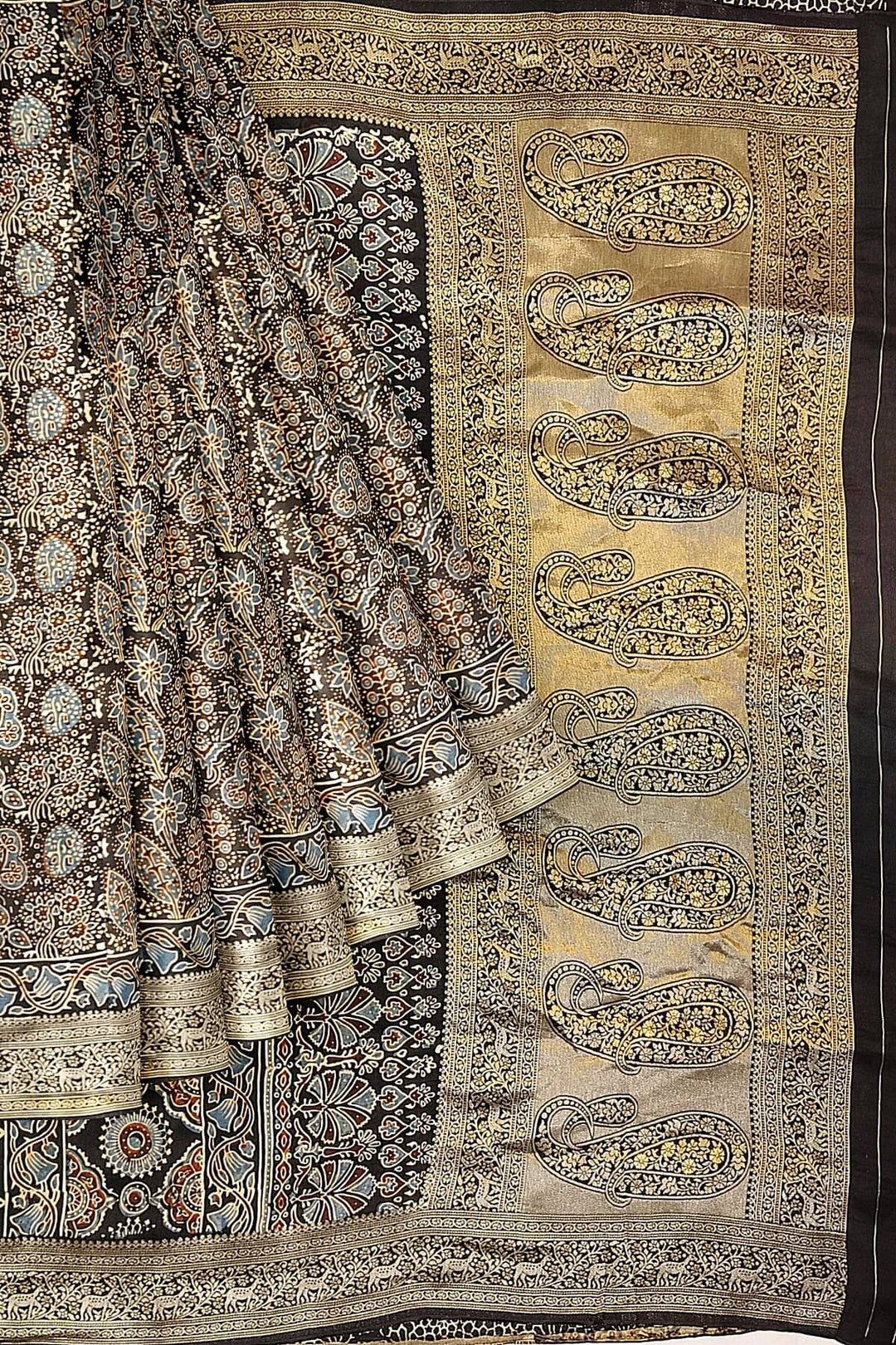 Dola silk saree in blue with hand block Ajrakh print