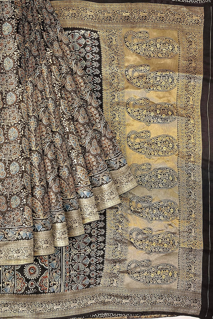 Dola silk saree in blue with hand block Ajrakh print