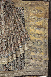 Dola silk saree in blue with hand block Ajrakh print