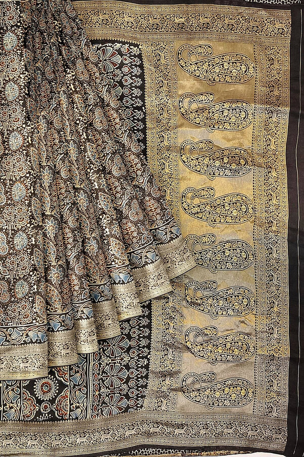 Dola silk saree in blue with hand block Ajrakh print