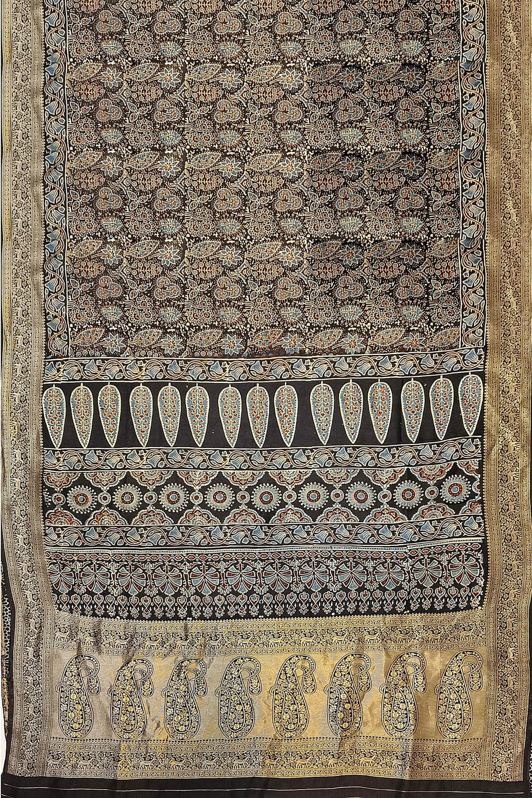 Dola silk saree in blue with hand block Ajrakh print