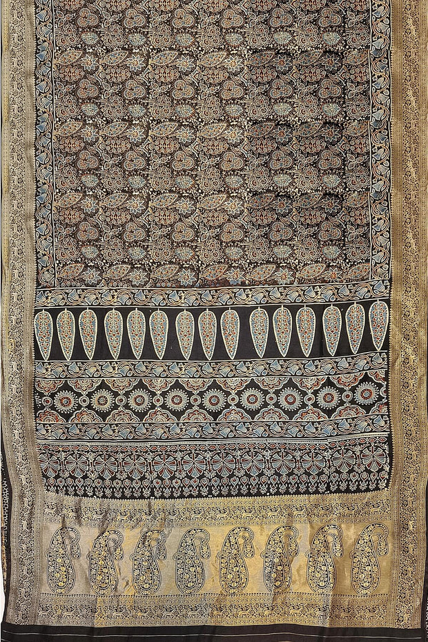Dola silk saree in blue with hand block Ajrakh print