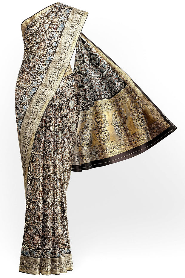 Dola silk saree in blue with hand block Ajrakh print