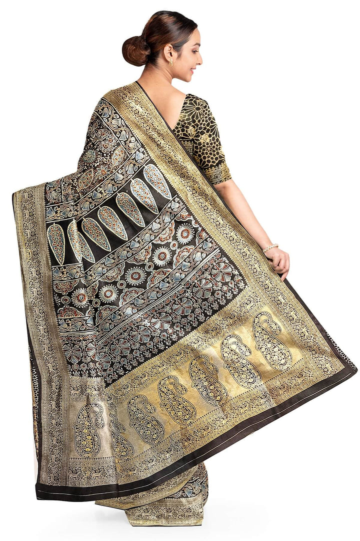 Dola silk saree in blue with hand block Ajrakh print