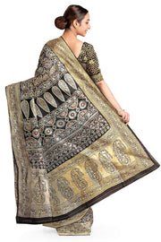 Dola silk saree in blue with hand block Ajrakh print