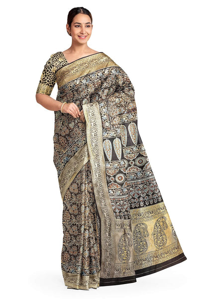 Dola silk saree in blue with hand block Ajrakh print