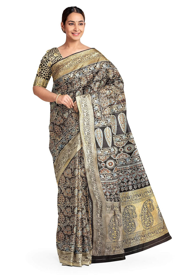 Dola silk saree in blue with hand block Ajrakh print