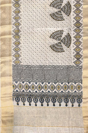 Dola silk saree in white with   hand block Ajrakh print .