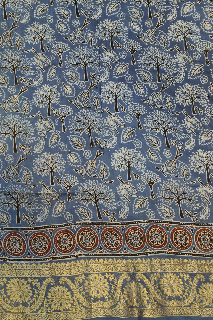 Dola silk saree in blue with floral motifs in hand block Ajrakh print