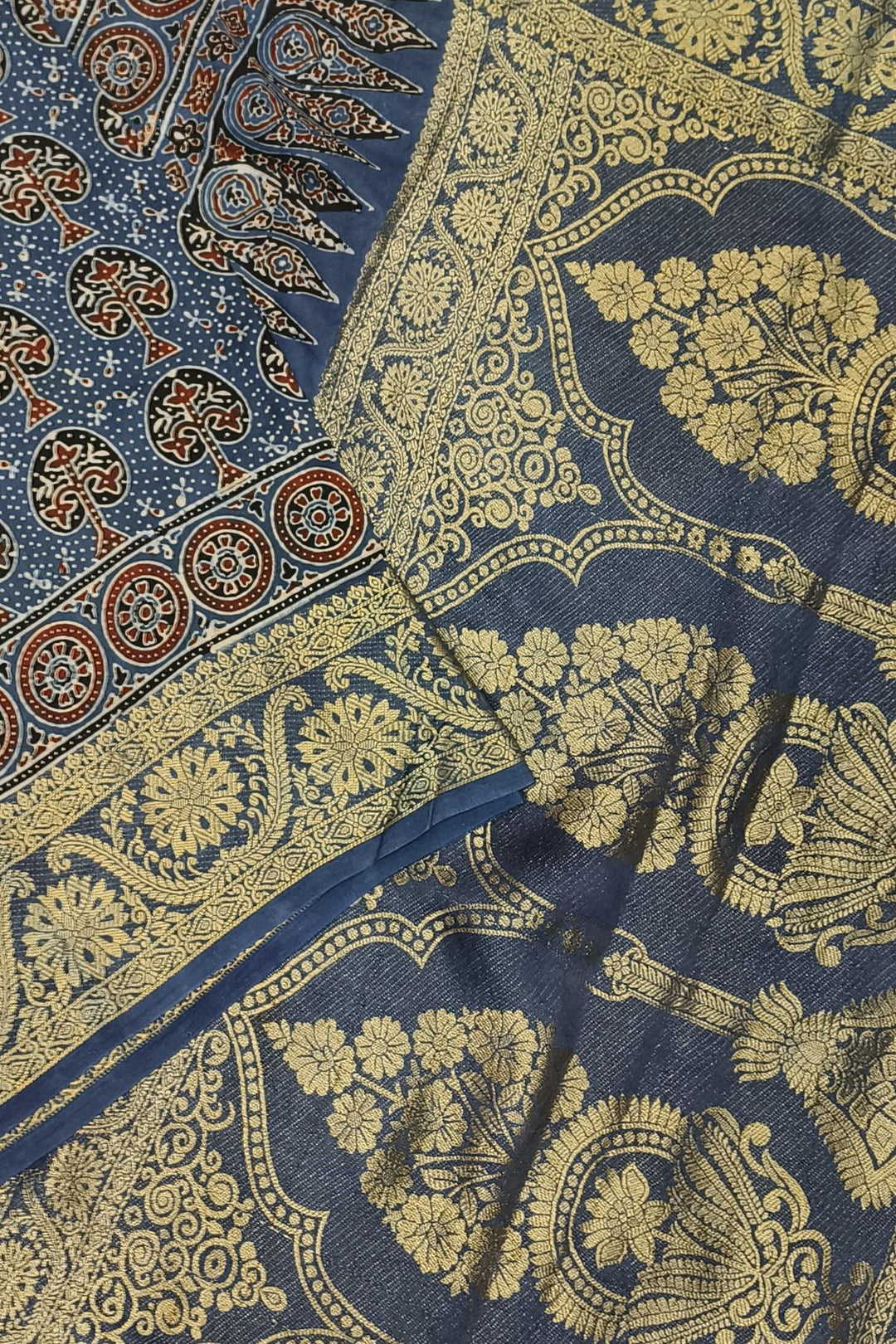 Dola silk saree in blue with floral motifs in hand block Ajrakh print