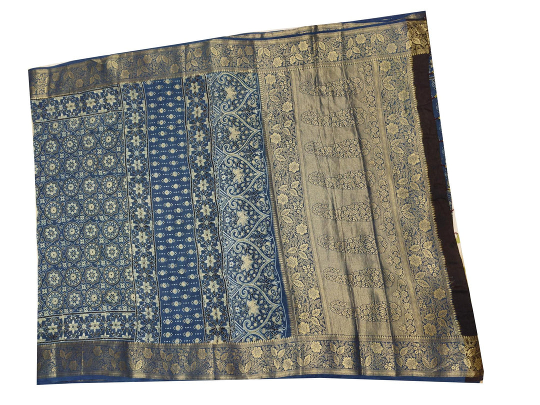 Dola silk saree in indigo  with floral motifs in circles  in hand block Ajrakh print