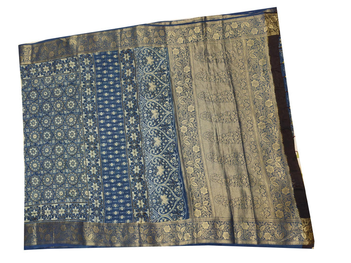 Dola silk saree in indigo  with floral motifs in circles  in hand block Ajrakh print