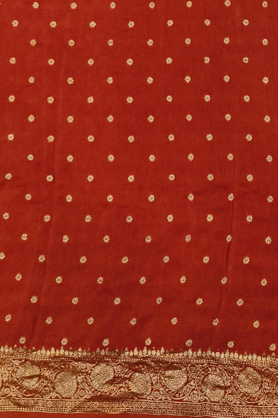 Dola silk saree in red with small motifs  and a contrast pallu in hand block Ajrakh print
